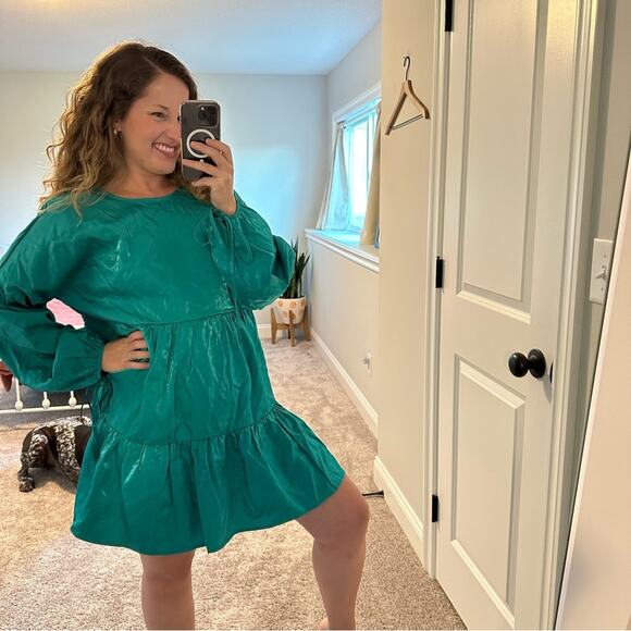 NWT GLAMOROUS Blue Teal Metallic Iridescent Long Sleeve Mini Dress 10 - Picture 2 of 15